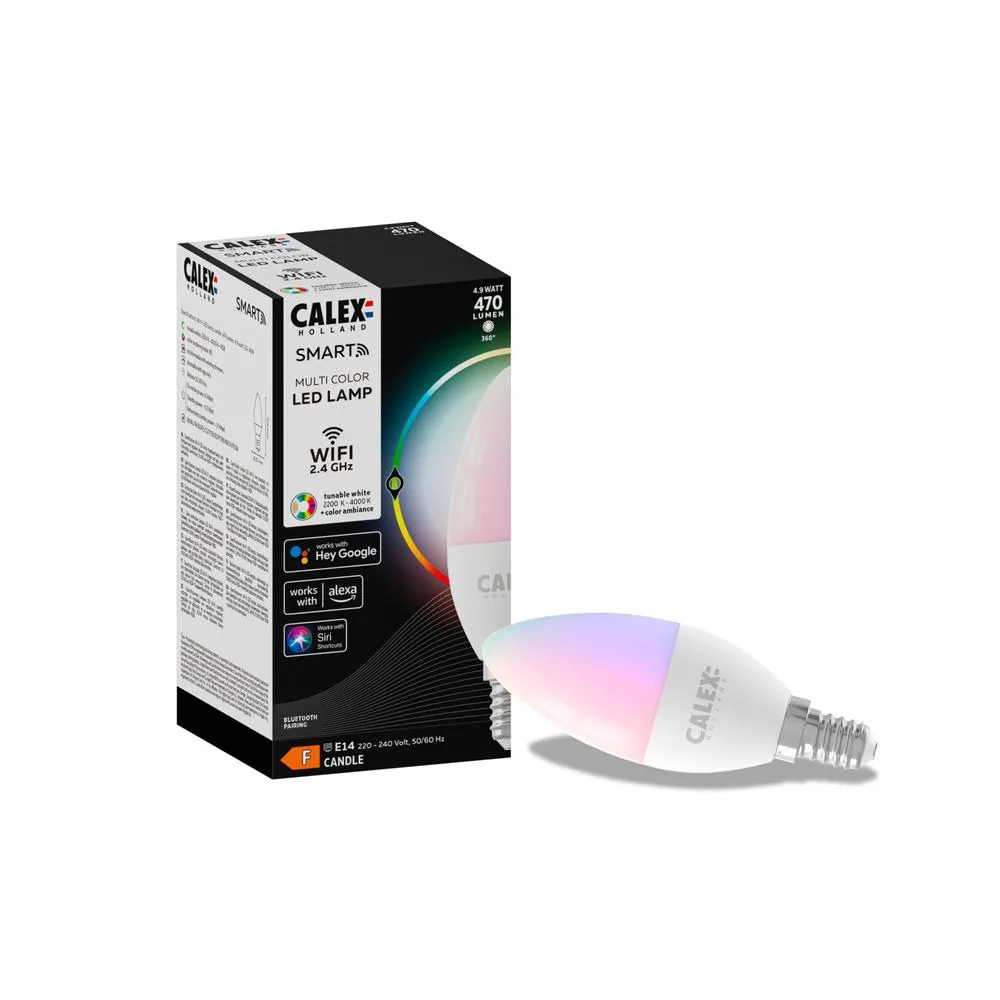 Bec Smart lumanare reglabil prin aplicatie RGB LED Calex, B35, E14, 470 lm, 2200-4000 K, 220-240 V, 4.9 W, Alb