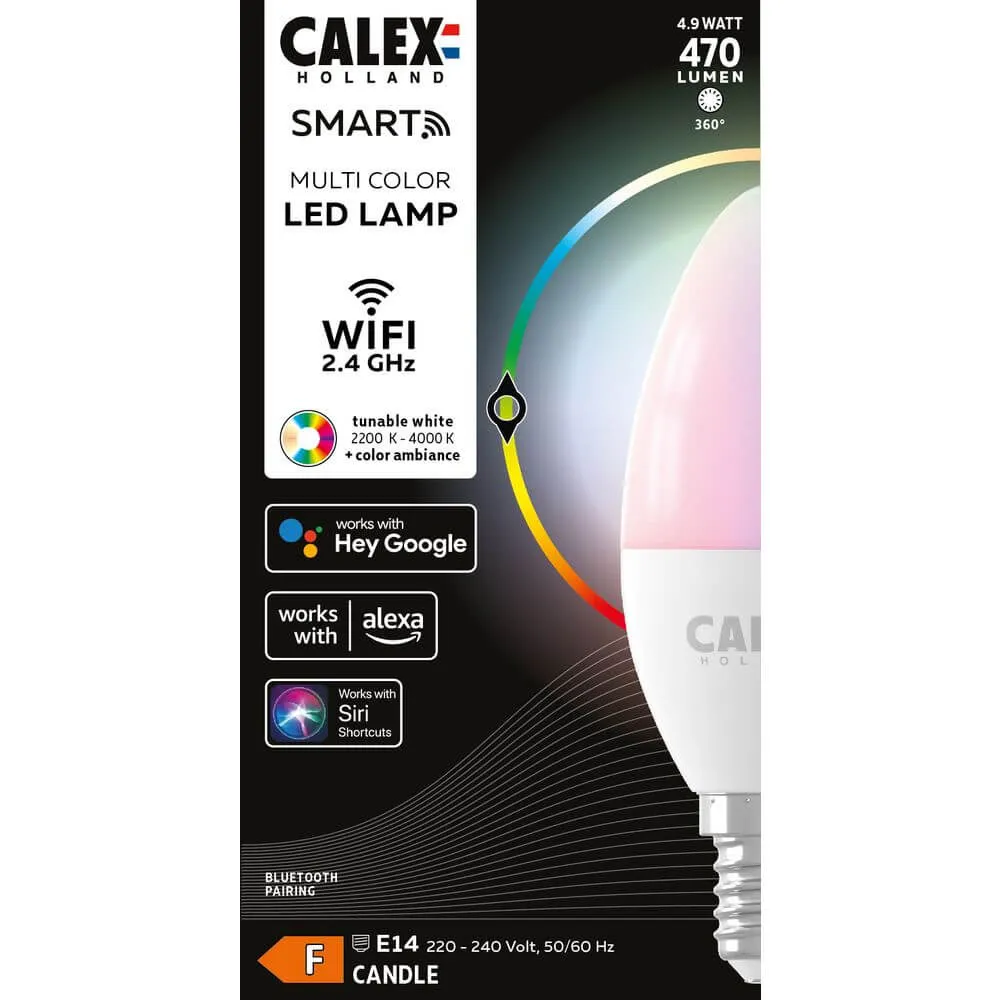 Bec Smart lumanare reglabil prin aplicatie RGB LED Calex, B35, E14, 470 lm, 2200-4000 K, 220-240 V, 4.9 W, Alb