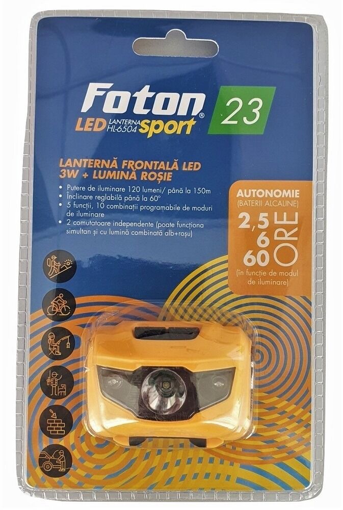 Lanterna frontala cu bareta FOTON Sport HL6504, LED, 3W, Negru/Portocaliu