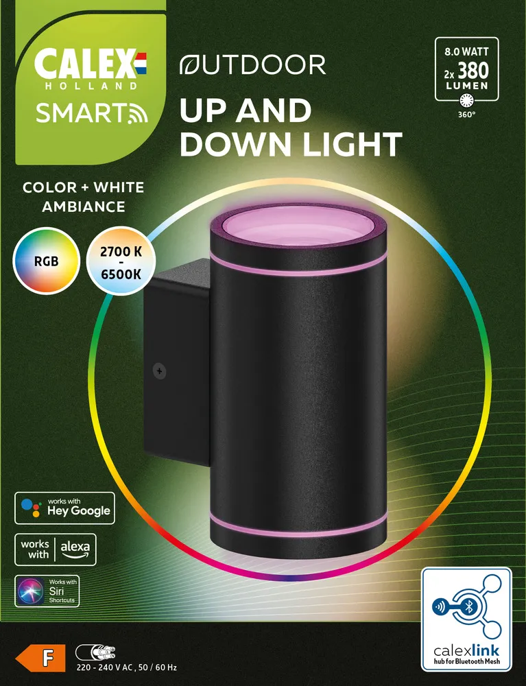 Aplica Smart pentru exterior Up&Down Calex, lumina RGB CCT, 2x380 lm, 2x4 W, Negru