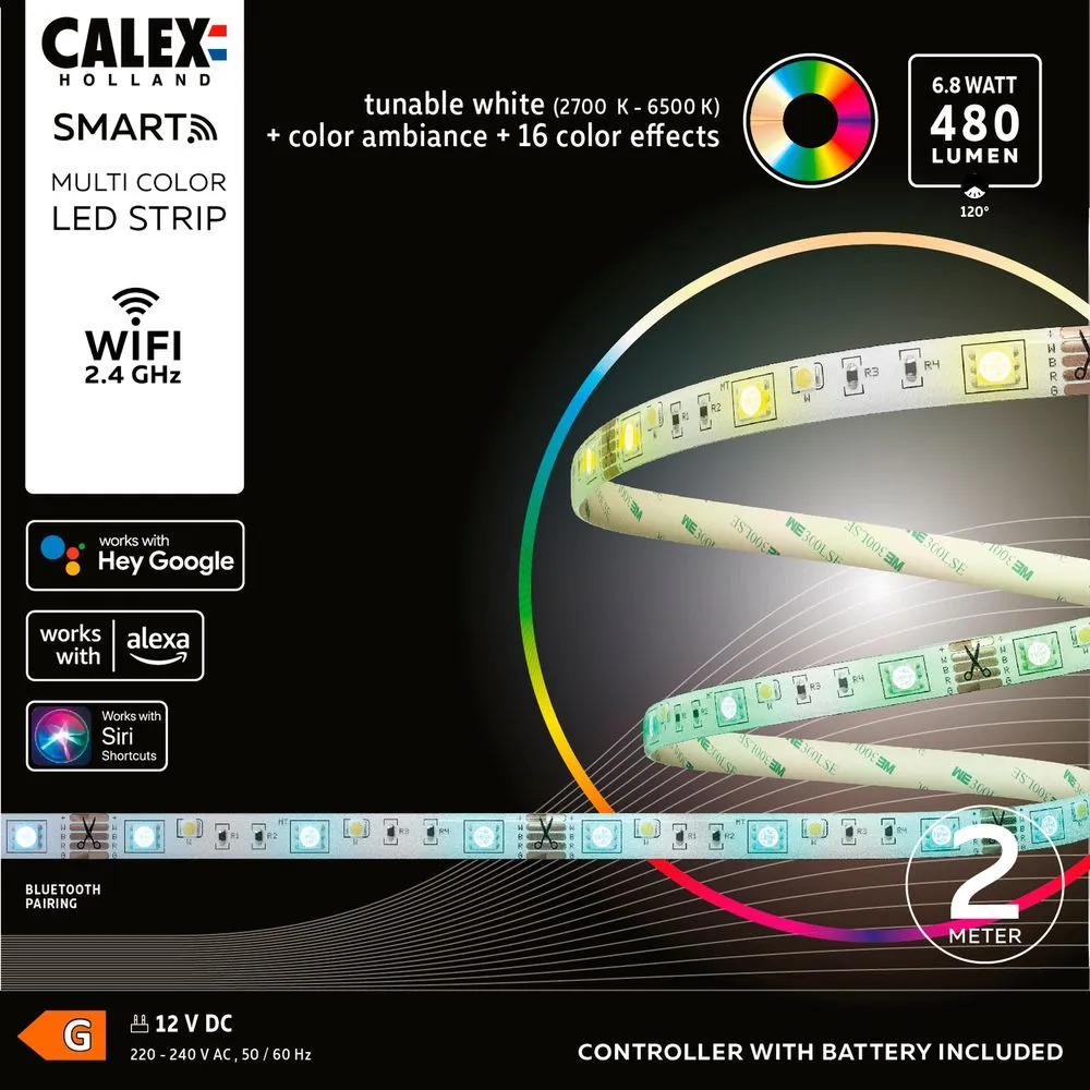 Banda LED Smart cu telecomanda Calex, reglabila prin aplicatie, 480 lm, 2700-6500 K, 2 m, 6.8 W