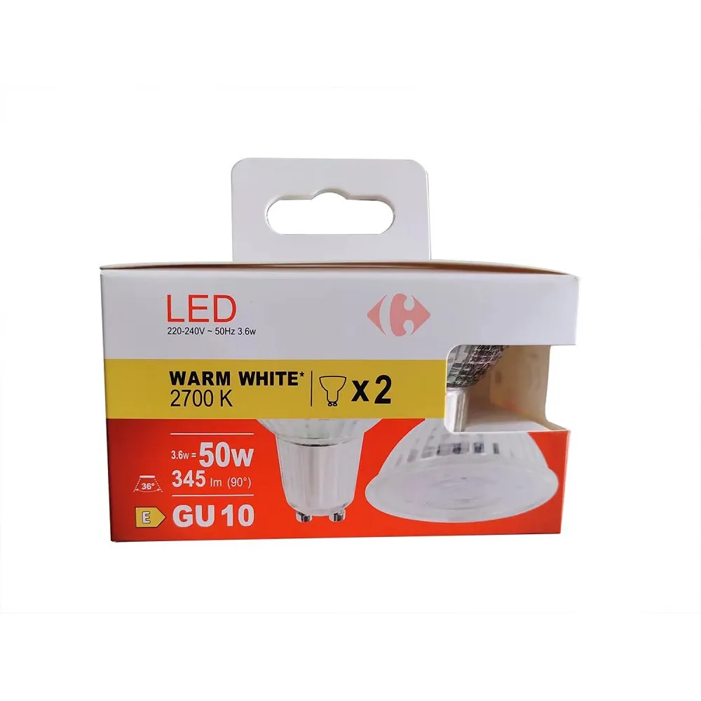 Set 2 becuri LED Carrefour, GU10, 50 W, 345 lm, 2700 K, Alb cald