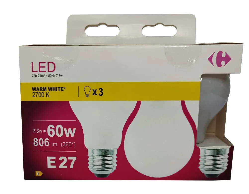 Set 3 becuri LED Carrefour, E27, 806 lm, 2700 K, 7.3 W (60 W)
