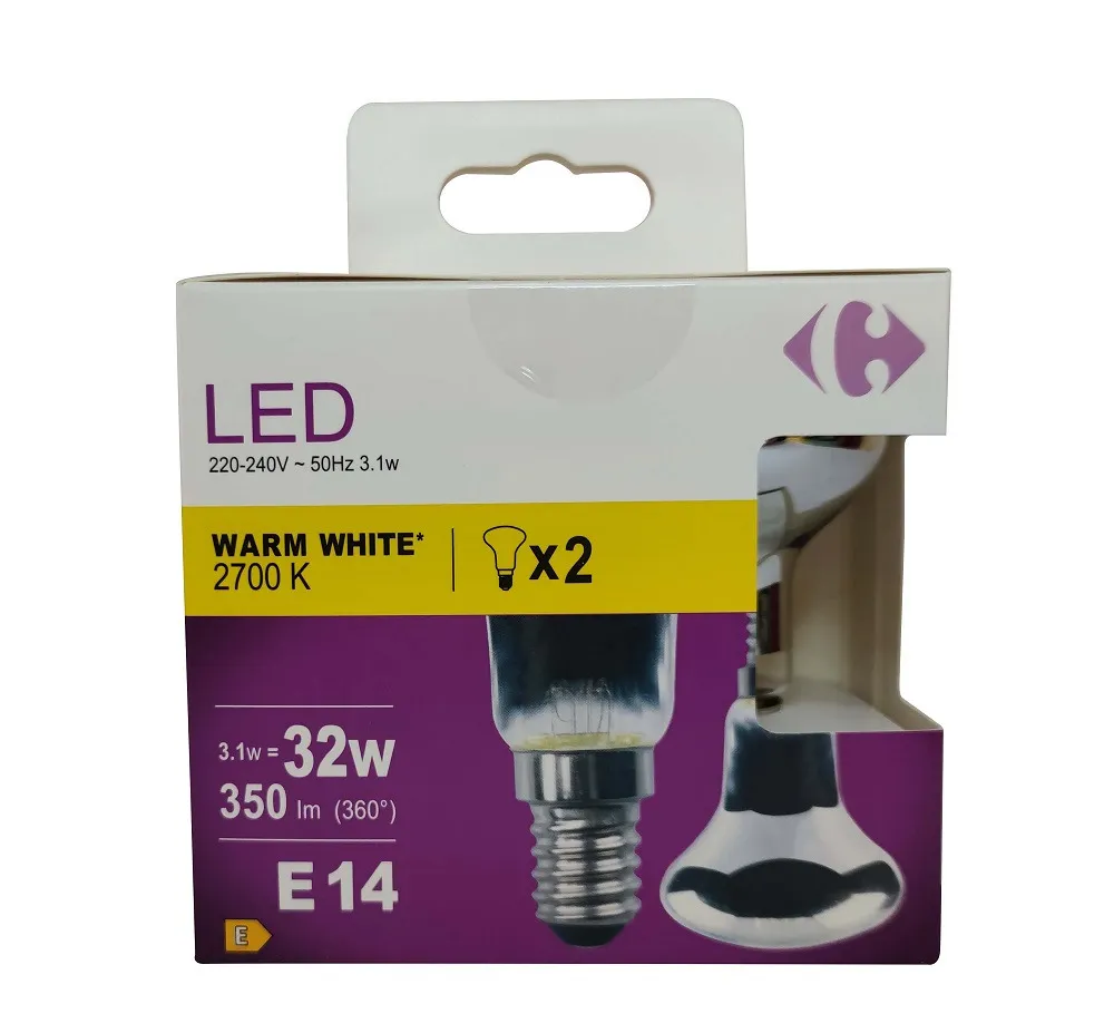 Set 2 becuri LED Carrefour, E14, 350 lm, 2700 K, 3.1 W (32 W)