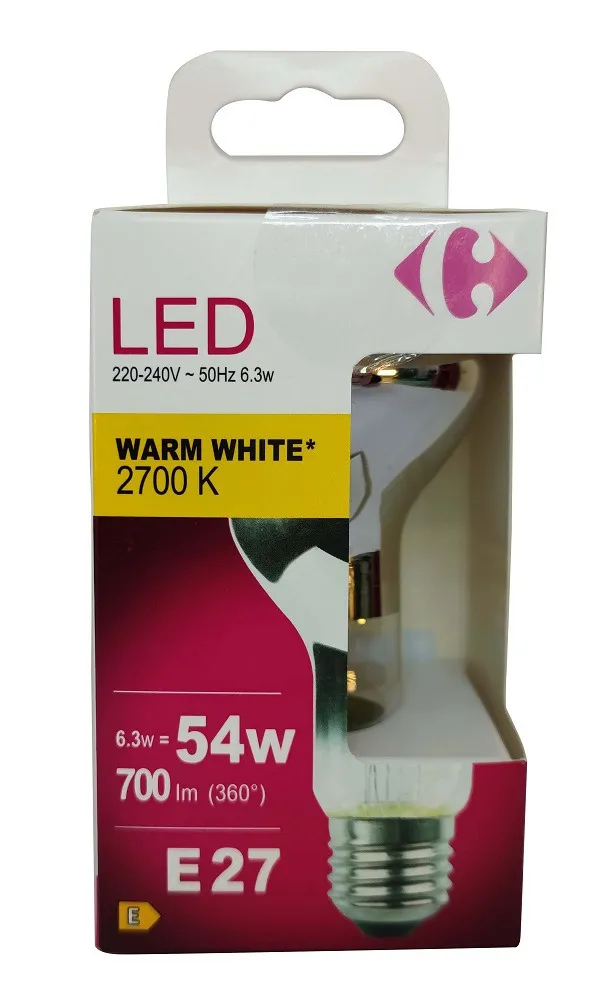 Bec LED Carrefour, E27, 54 W, 700 lm, 2700 K, Alb cald
