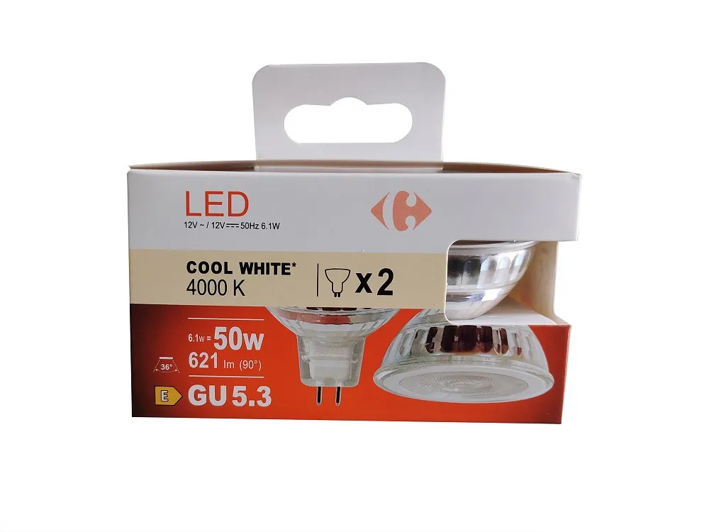 Set 2 becuri LED Carrefour, GU 5.3, 50 W, 621 lm, 4000 K, Alb rece