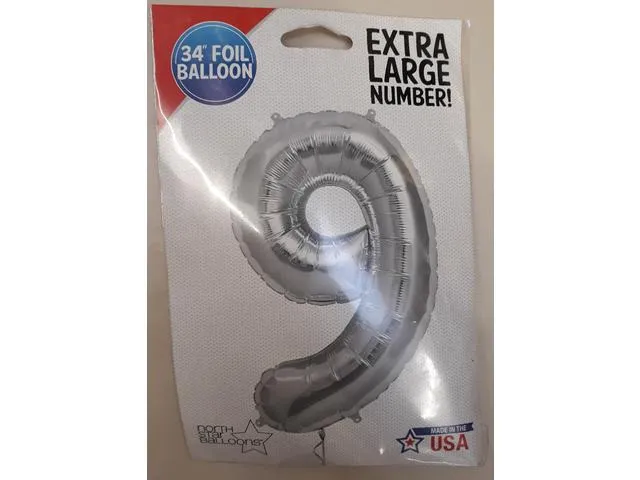 Balon folie cifra 9, 55x86 cm, Argintiu