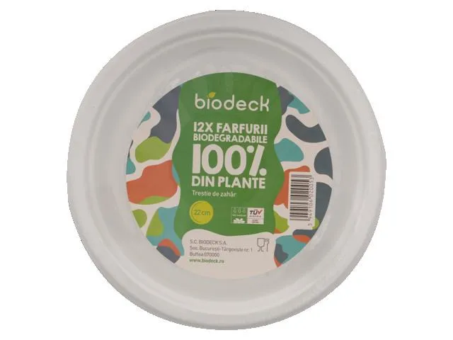 Set 12 farfurii biodegradabile Biodeck, trestie de zahar, 22 cm, Alb