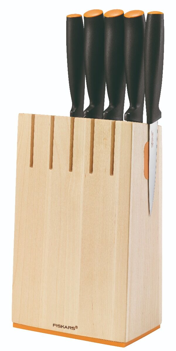 Set 5 cutite otel inoxidabil + bloc de lemn Functional Form, Fiskars