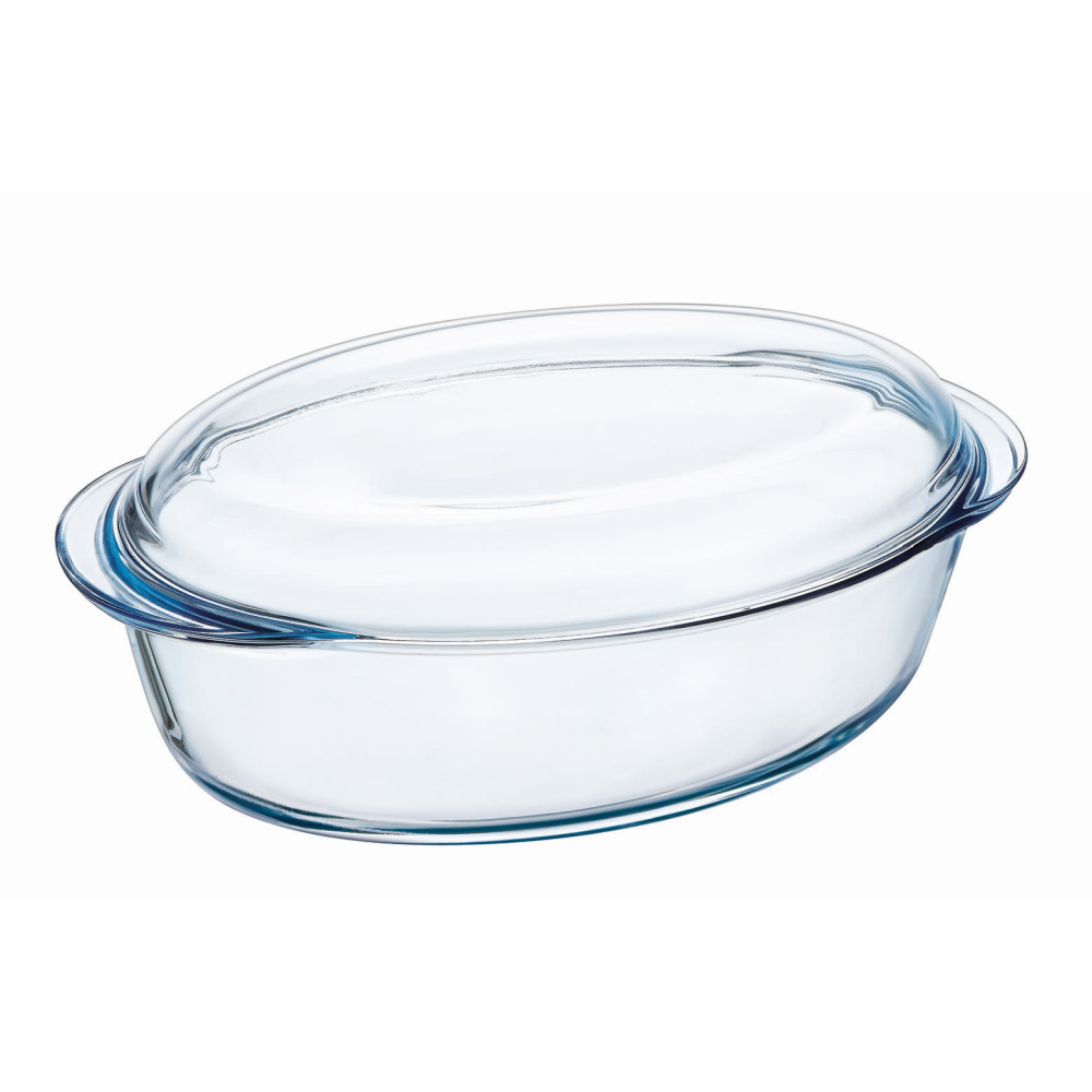 Vas oval cu capac din sticla termorezistenta 33x20x13 cm, 4 L, Essentials Pyrex