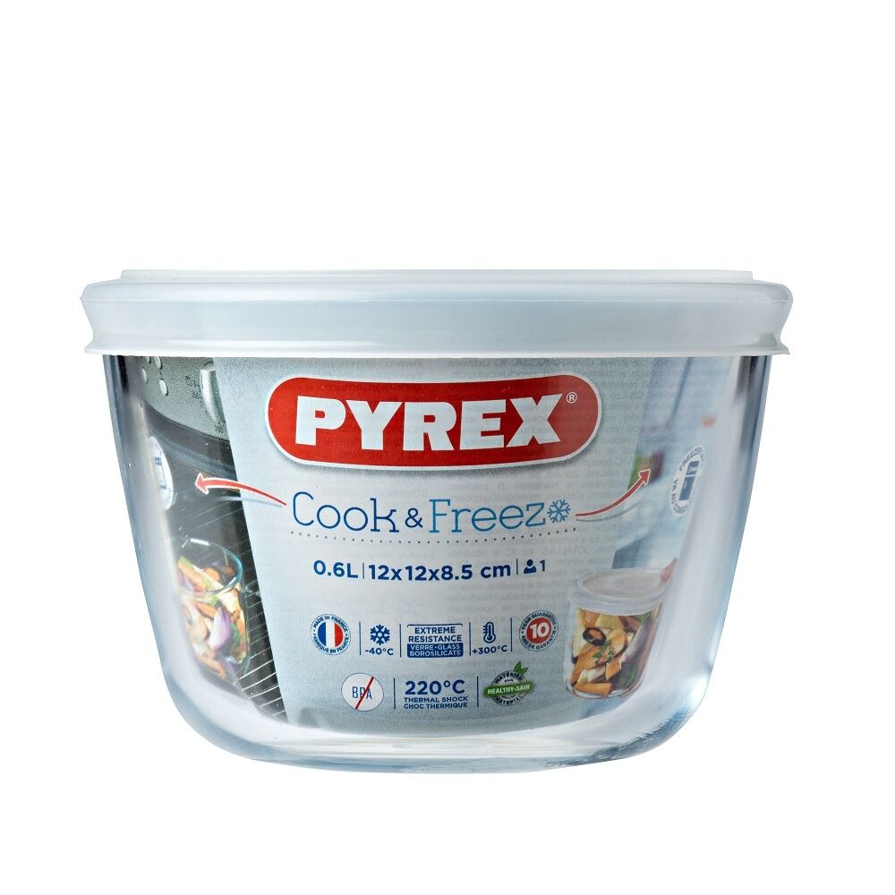 Vas termorezistent rotund Pyrex, cu capac, sticla borosilicata, 0.6 L, Alb