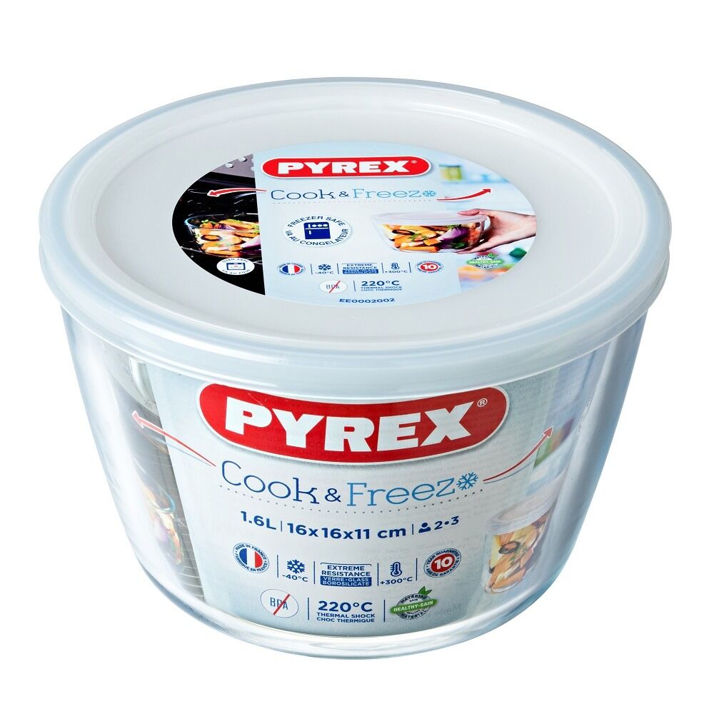 Vas termorezistent rotund Pyrex, cu capac, sticla borosilicata, 1.6 L, Alb