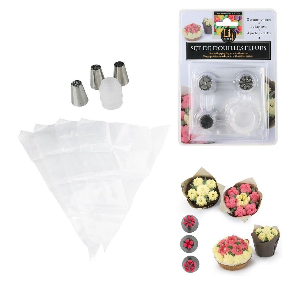 Set pentru ornarea prajiturilor cu 3 accesorii, adaptor si 4 pungi pentru crema Lily Cook, inox/PVC, Argintiu/Transparent