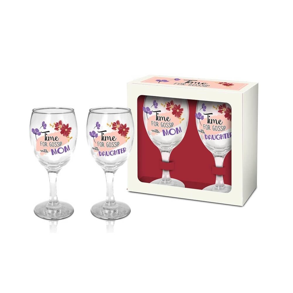 Set 2 pahare vin Time for Gossip with Mom/with Daughter BG-TECH, sticla, 220 ml, Transparent/Multicolor