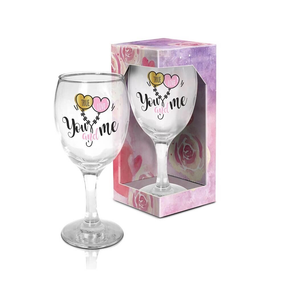 Pahar vin True Love - You and Me BG-TECH, sticla, 220 ml, Transparent/Multicolor