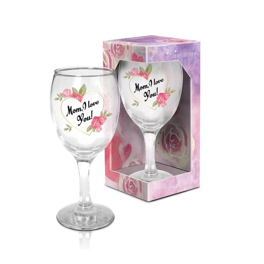 Pahar vin Mom I Love You BG-TECH, sticla, 220 ml, Transparent/Multicolor