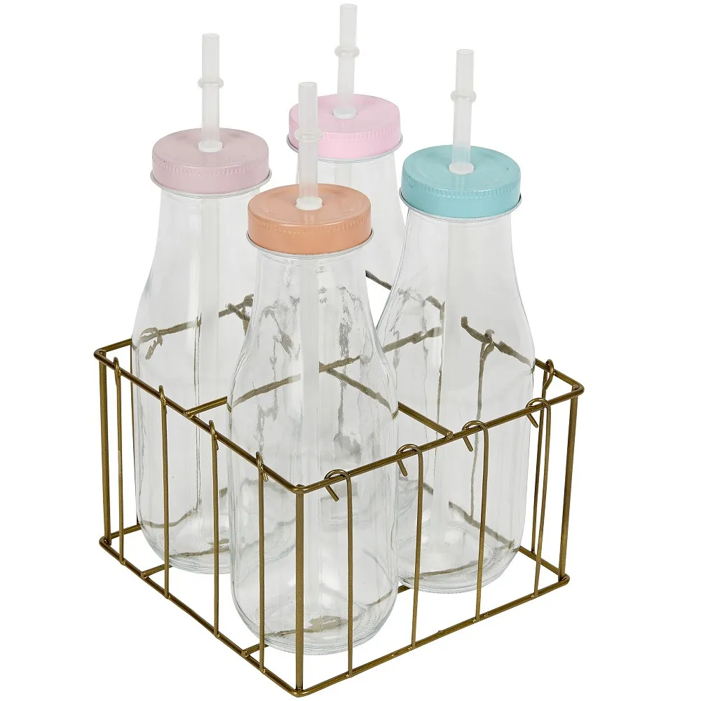 Set 4 sticle cu pai si suport, sticla/metal, Transparent/Multicolor