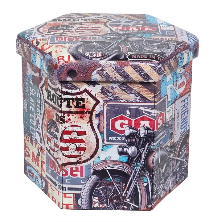 Taburet pliabil hexagonal cu spatiu depozitare Bike Heinner Home, MDF/PVC, 43x38x38 cm, Multicolor