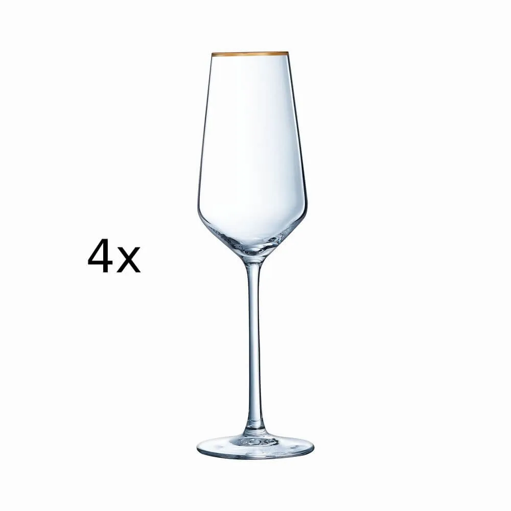 Set 4 pahare sampanie Cristal D'Arques Ultime Bord Or, sticla cristalina, 21 cl, Transparent/Auriu