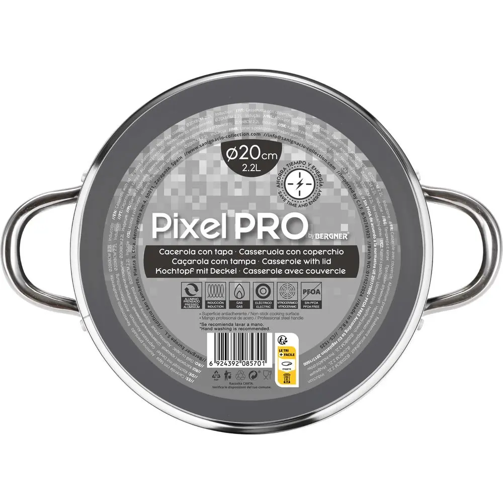 Cratita cu capac Bergner Pixel Pro CS-1525, aluminiu/sticla, 20x8 cm, 2.5 L, Negru