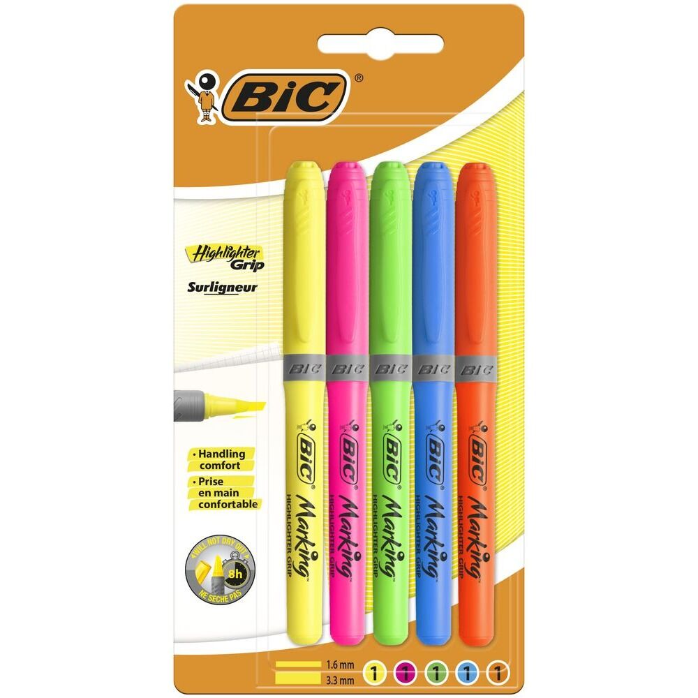 Set 5 evidentiatoare BIC Highlighter Grip, varf mediu tesit, Multicolor