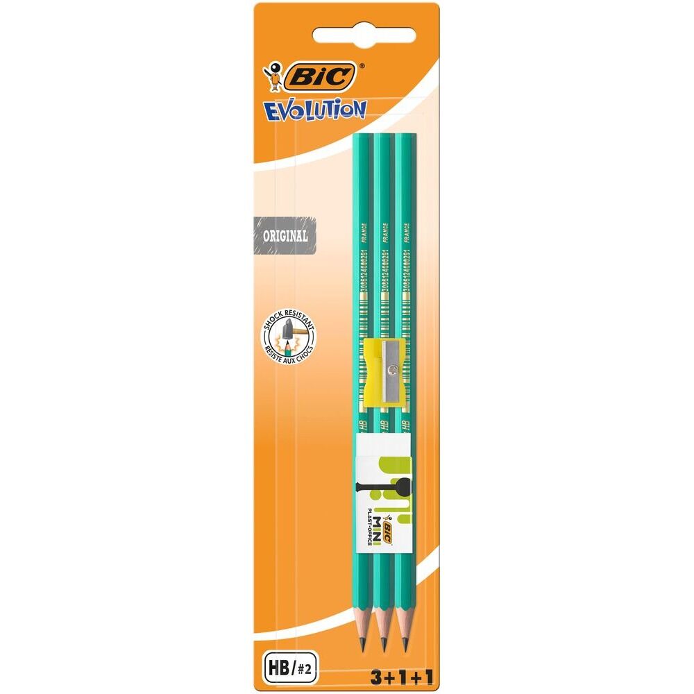 Set de 3 creioane HB BIC Evolution Original, ascutitoare si radiera incluse, Verde