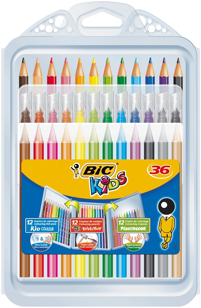 Set de colorat cu 12 markere de colorat, 12 creioane colorate si 12 creioane cerate BIC Kids, Multicolor