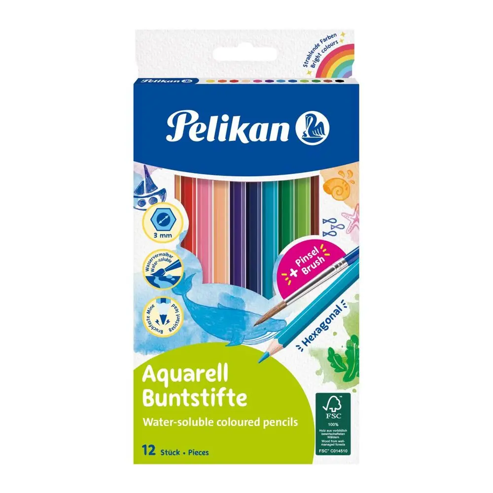 Set 12 creioane colorate solubile in apa cu pensula Pelikan, Multicolor