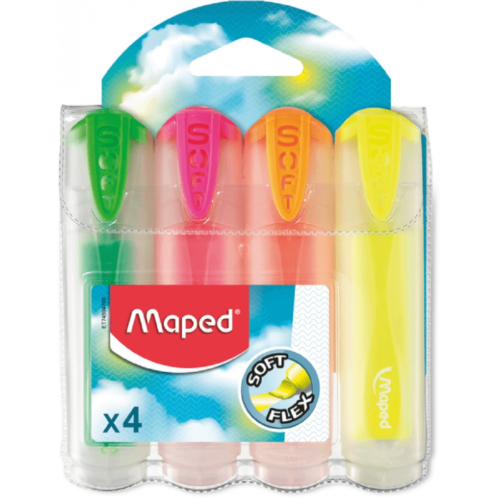 Set 4 markere evidentiatoare cu corpuri transparente Fluo'Peps Ultra Soft Maped, Multicolor