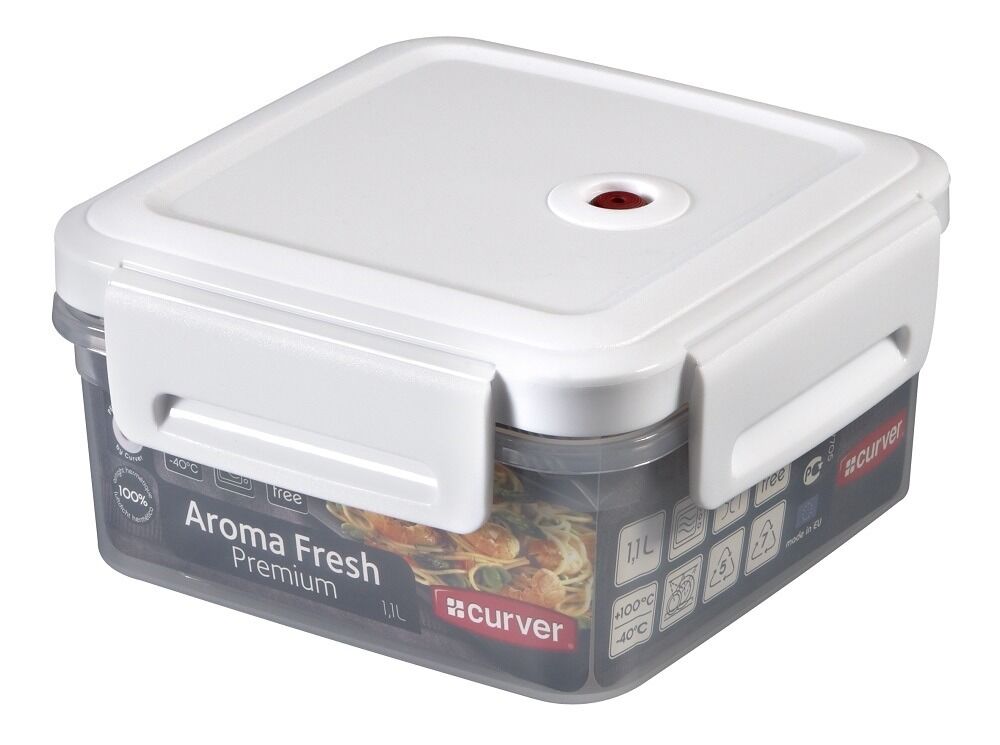 Set 2 cutii alimente Curver Aroma Fresh Premium, inchidere ermetica, plastic,  1.1 + 1.7L, 15.5 x 15.5 x 20.3 cm, patrata, Transparent