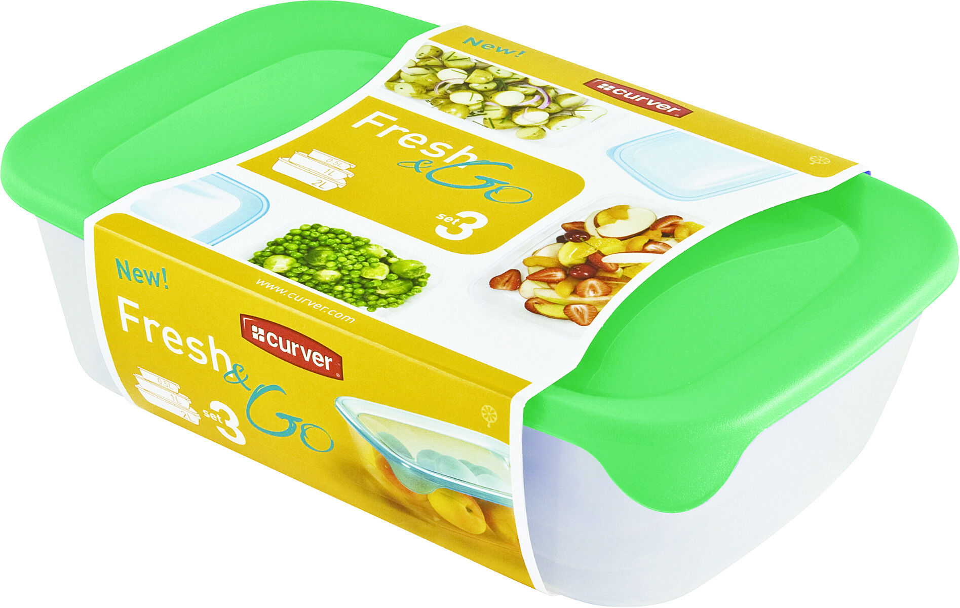 Set 3 cutii alimente, CURVER, Fresh&Go, plastic transparent,  0.5L+1L+2L, 26 x 7.4 x 17 cm, dreptunghiular, capac color