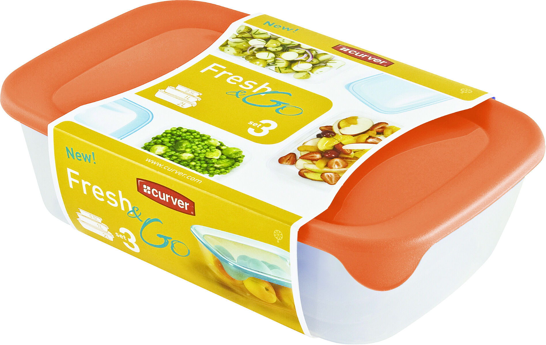 Set 3 cutii alimente, CURVER, Fresh&Go, plastic transparent,  0.5L+1L+2L, 26 x 7.4 x 17 cm, dreptunghiular, capac color