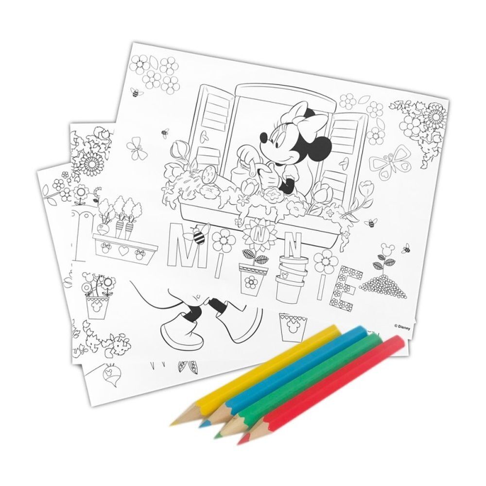 Puzzle Minnie Mouse, 3 foi A4 cu contur si 4 creioane colorate incluse, 100 piese