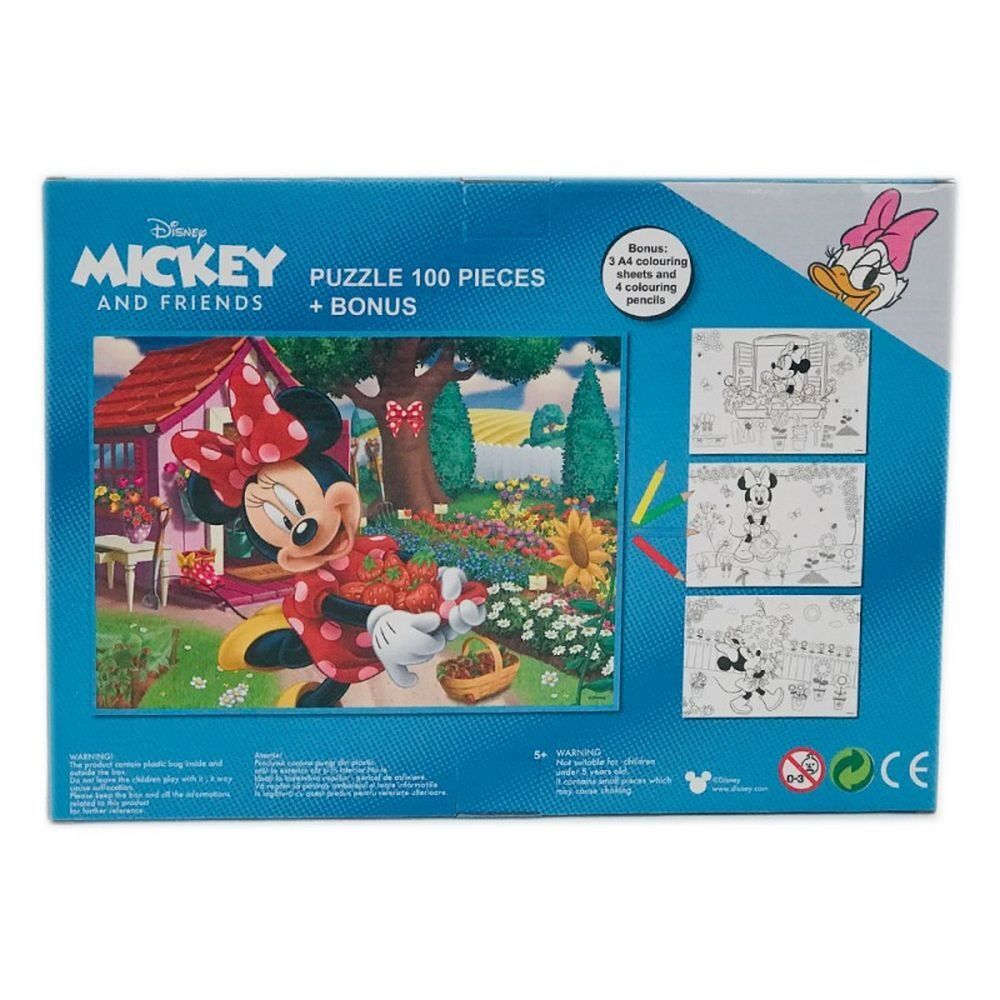 Puzzle Minnie Mouse, 3 foi A4 cu contur si 4 creioane colorate incluse, 100 piese