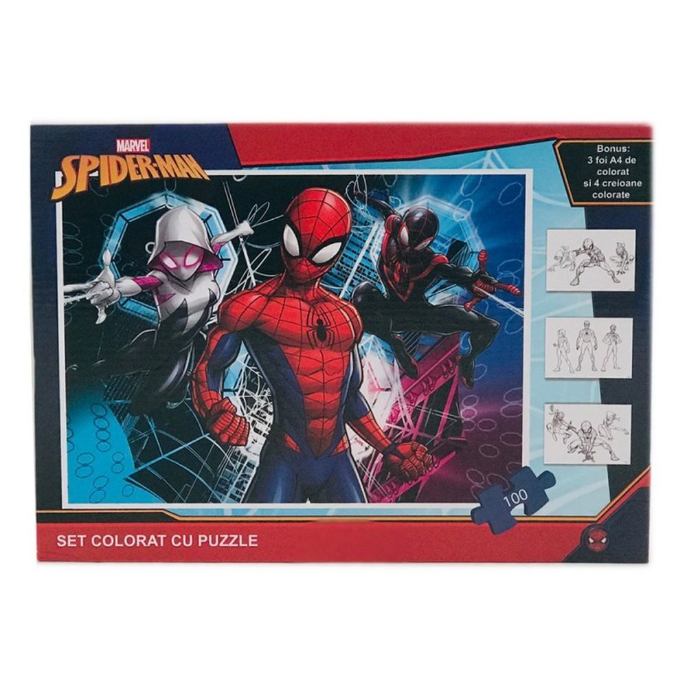 Puzzle Spider Man, 3 foi A4 cu contur si 4 creioane colorate incluse, 100 piese