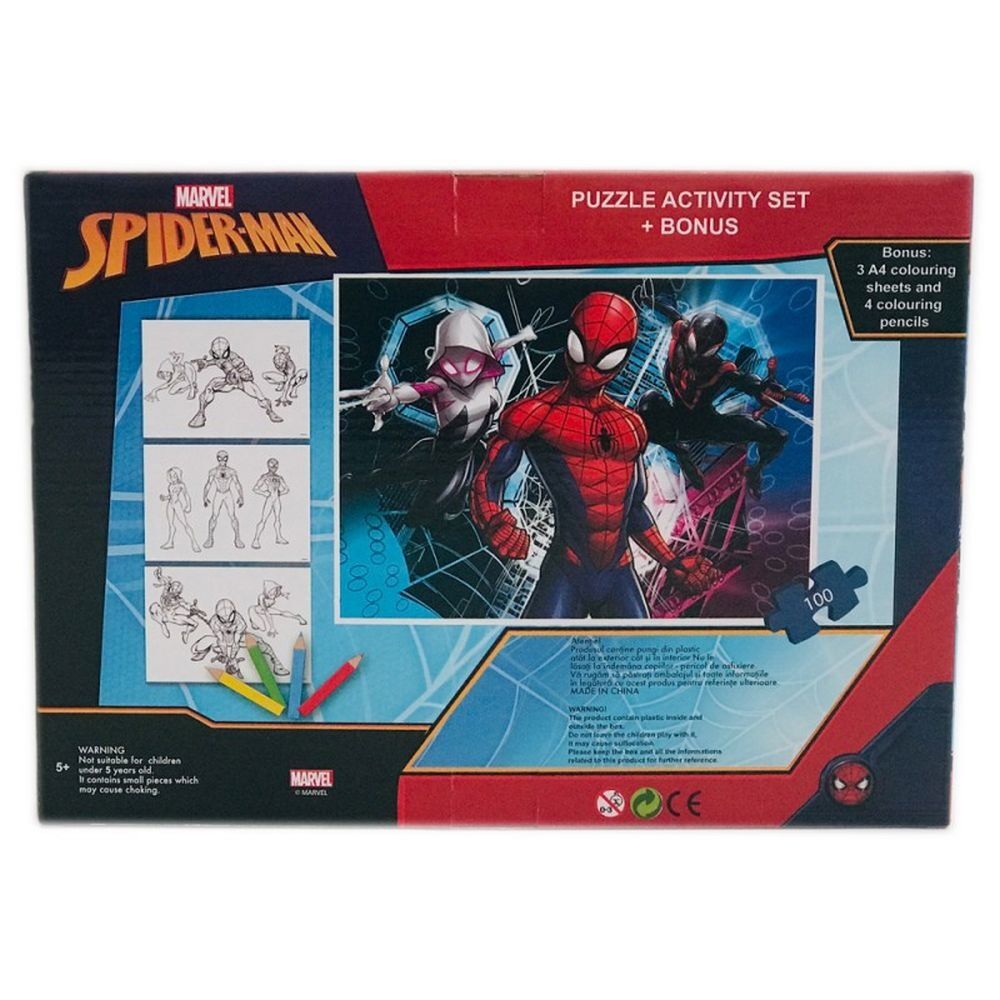 Puzzle Spider Man, 3 foi A4 cu contur si 4 creioane colorate incluse, 100 piese