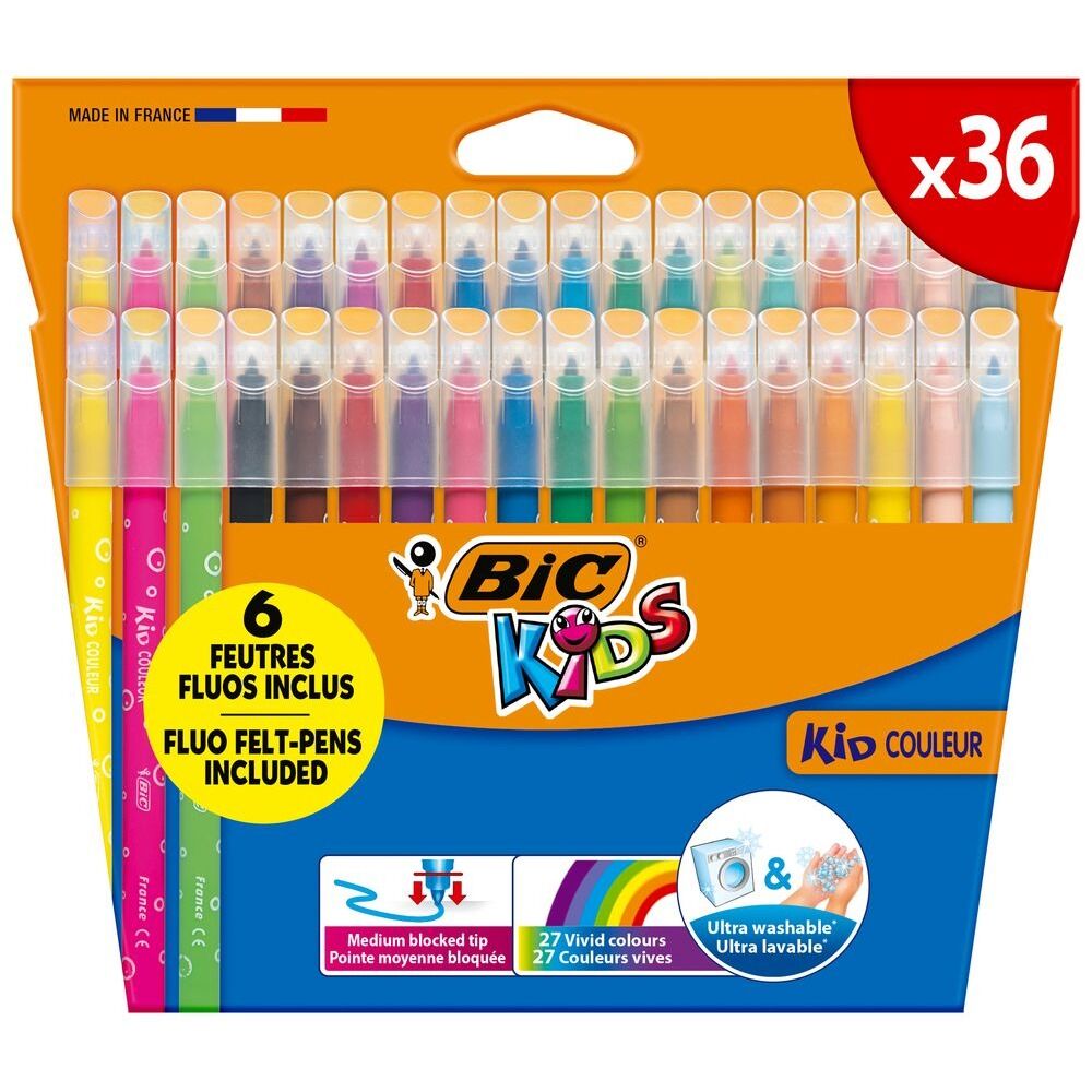 Set 36 markere de colorat ultralavabile BIC Kids Kid Couleur, 27 culori, Multicolor