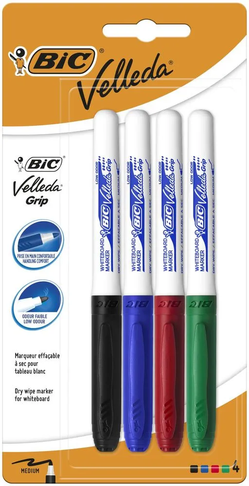Set 4 markere cu stergere uscata Bic Velleda Grip, varf mediu, Multicolor