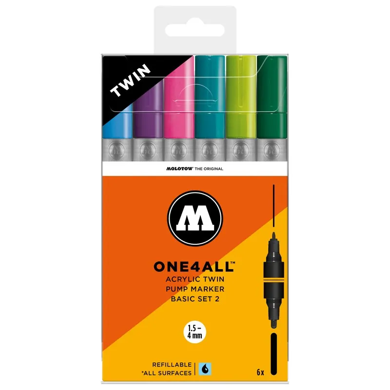 Set 6 markere Molotow One4All Twin Pump Marker Basic Set 2, 1.5-4 mm, Multicolor
