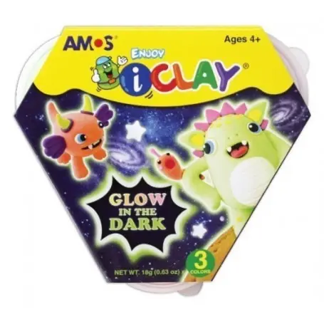 Plastilina AMOS iClay Glow in the Dark, 3 culori fosforescente, Multicolor