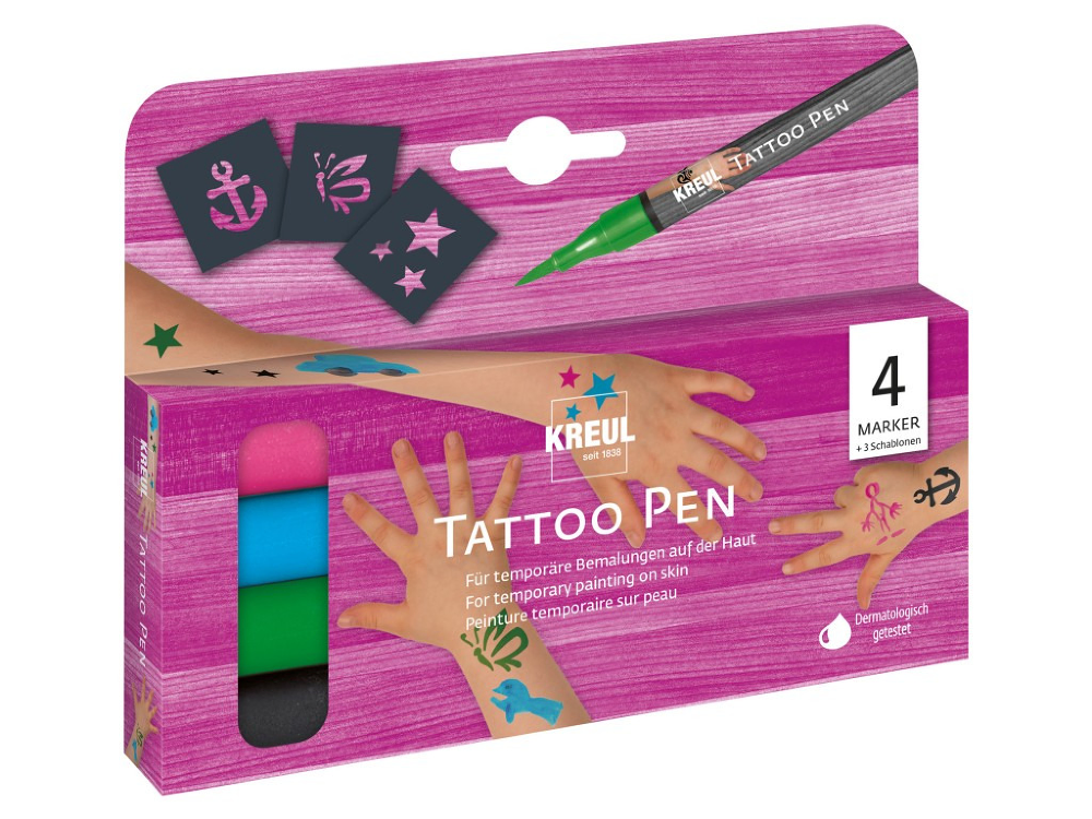 Set 4 markere si 3 sabloane Kreul Tattoo Pen, Multicolor