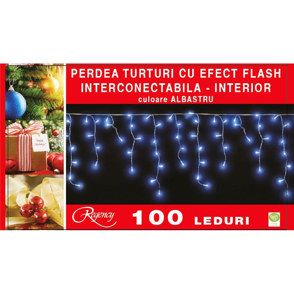 Instalatie perdea aspect turturi 100 LED-uri, cu efect flash, interconectabila, 3 m, Albastru