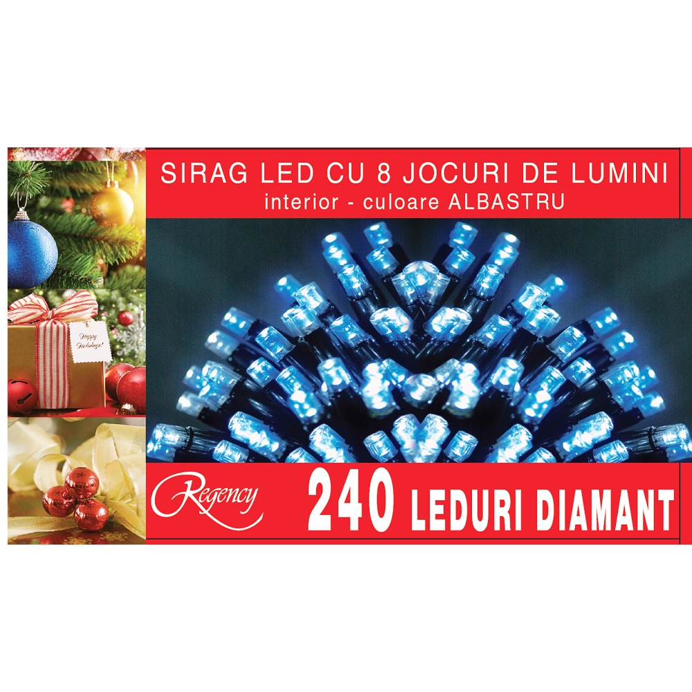 Instalatie sirag 240 LED-uri, 8 jocuri de lumini, 12 m, cablu alimentare 1.5 m, Albastru