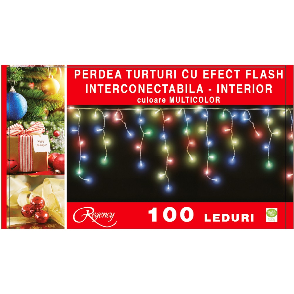 Instalatie perdea aspect turturi 100 LED-uri, cu efect flash, interconectabila, 3 m, cablu alimentare 1.5 m, Multicolor