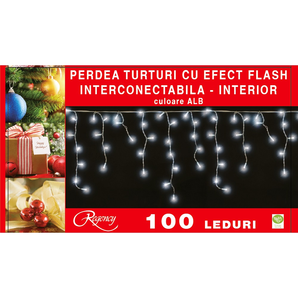 Instalatie perdea aspect turturi 100 LED-uri, cu efect flash, interconectabila, 3 m, cablu alimentare 1.5 m, Alb