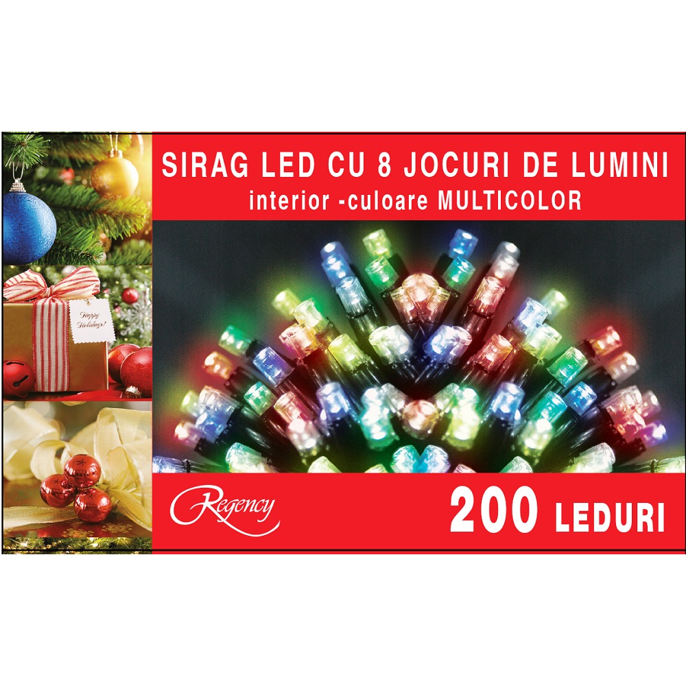 Instalatie sirag 200 LED-uri, 8 jocuri de lumini, 10 m, cablu alimentare 1.5 m, Multicolor
