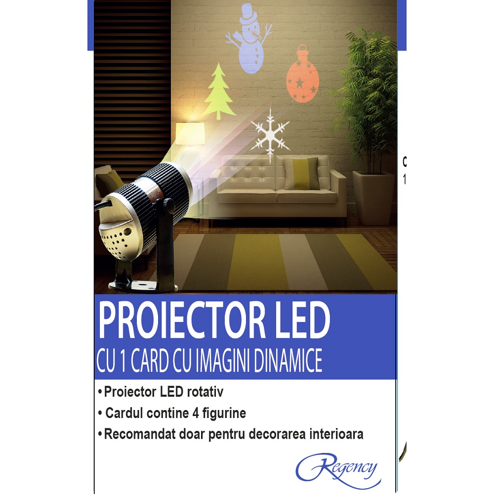 Proiector LED rotativ cu 1 card, 4 figurine dinamice si 6 carduri de schimb
