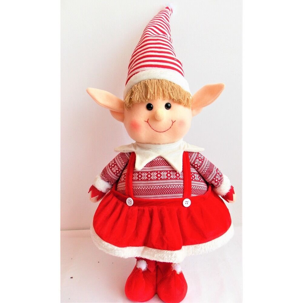 Figurina Fetita Elf cu rochita rosie, material textil, dimensiune 76cm, Multicolor