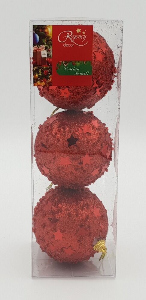 Set 3 globuri cu margelute si stelute, 80 mm, Rosu
