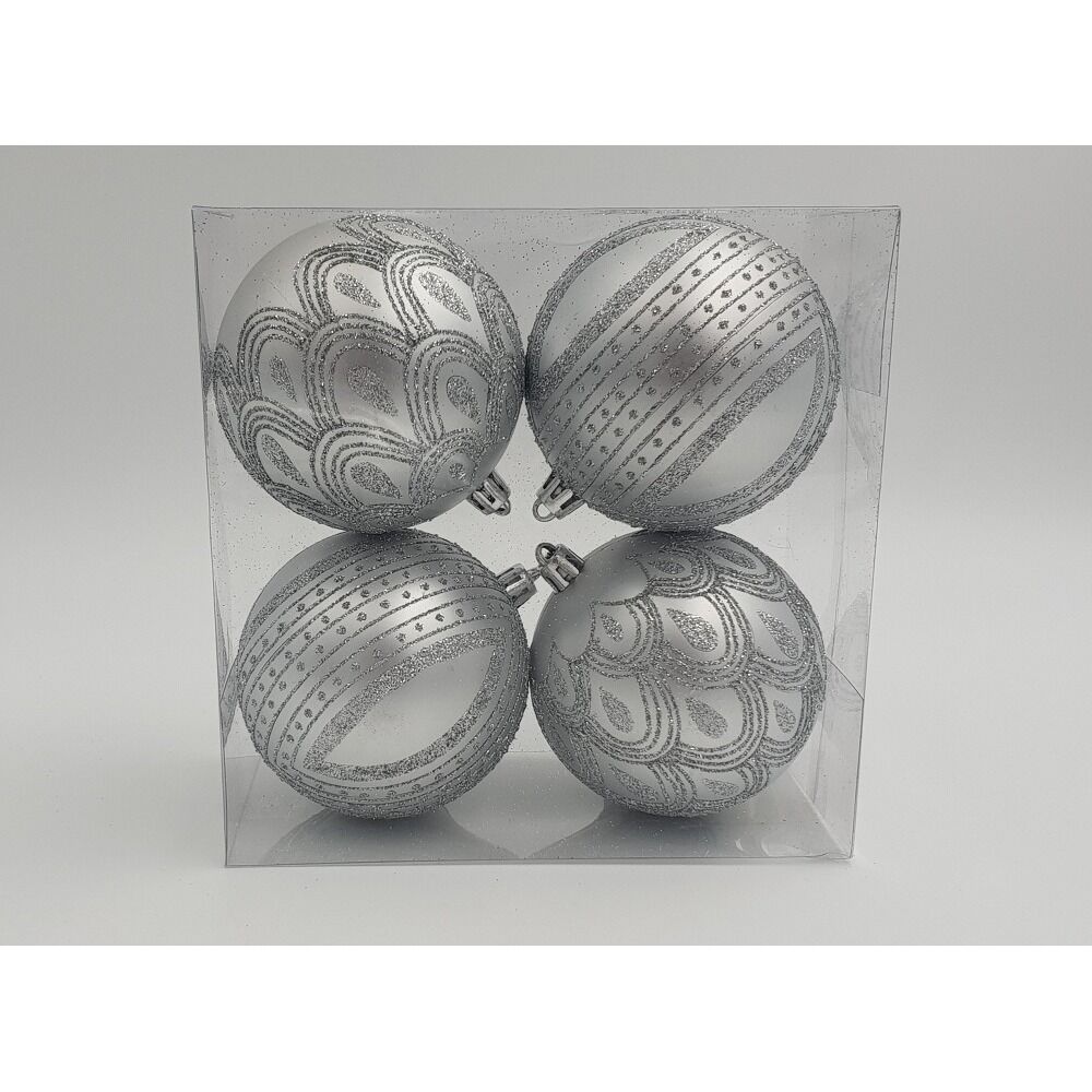 Set 4 globuri mate cu design gliterat, dimensiune glob 80mm, Argintiu
